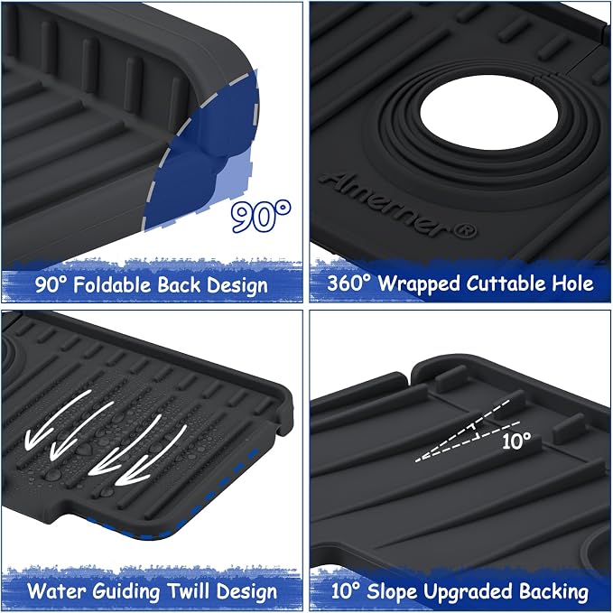 Amerner Kitchen Sink Splash Guard, 10° Large Slope & Adaptable Hole Faucet Mat for Kitchen Sink, Silicone Sink Organizer Sponge Holder for Kitchen, Bathroom, RV, Bar, 14.2” x 5.1”, Black - Image 9