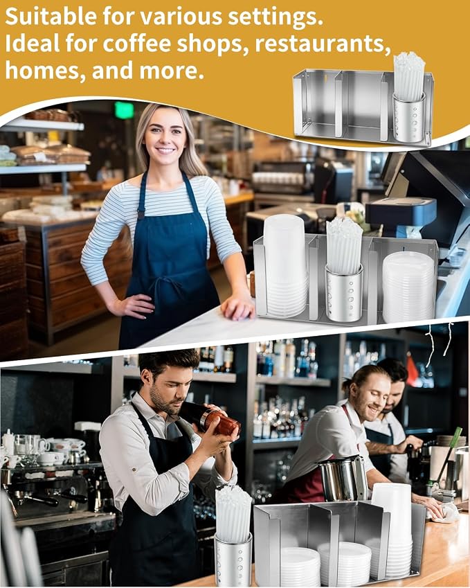 Stainless Steel Cup Dispenser,3 Compartments Cup Holder and Lid Holder with Adjustable Dividers,Cup Organizer for Kitchen Cabinets Cafe Shop Restaurant,Includes Straw Holder - Image 3