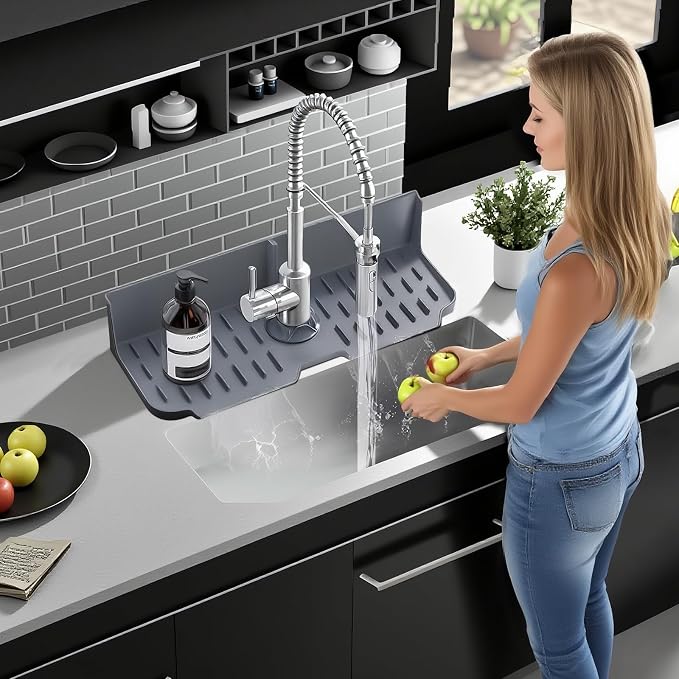 Sink Splash Guard Behind Faucet, Silicone Sink Faucet Drying Mat & Dish Soap Sponge Holder, 17" x 5.5" Silicone Kitchen Sink Auto Drain Organizer (Grey) - Image 7