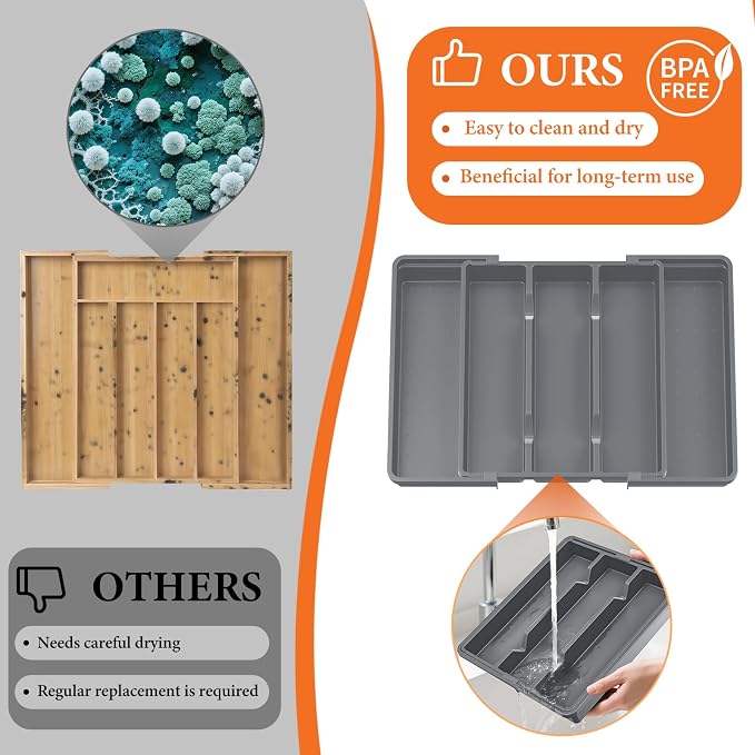 Large Expandable Silverware Drawer Organizer, Utensil Tray | Kitchen Drawer Organizer for Spoons/Forks/Knives, Multipurpose & BPA Free Cutlery Tray(1 Pack, Gray) - Image 4