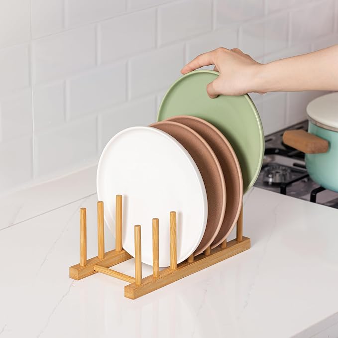 HBlife 2pcs Bamboo Dish Plate Bowl Cup Book Pot Lid Cutting Board Drying Rack Stand Drainer Storage Holder Organizer Kitchen Cabinet（Keep Dry） - Image 5