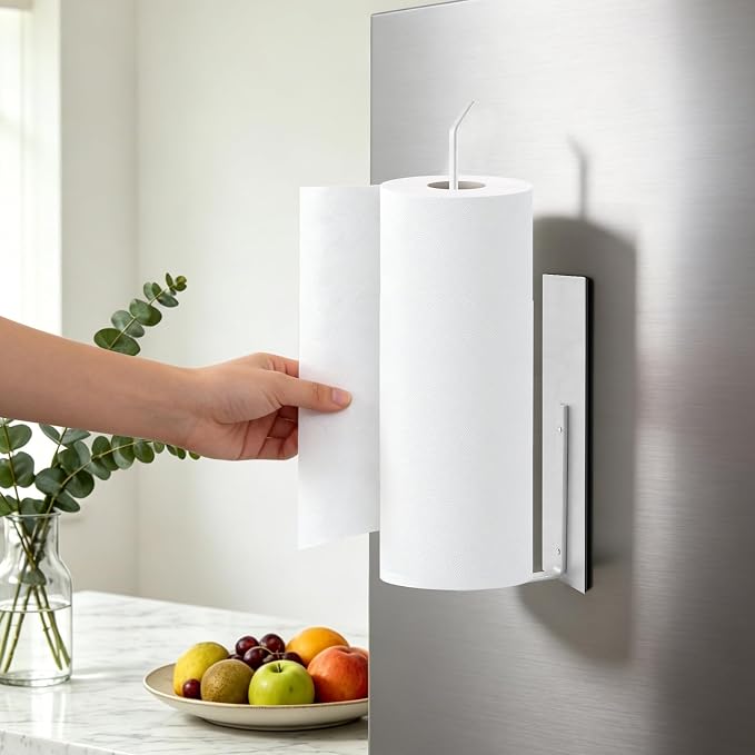 Magnetic Paper Towel Holder for Fridge, Toilet Paper Roll Holder Magnetic Paper Towel Rack Wall Mount Fridge Organizer for Papers Towels Roll Bathroom Toilet Garage RV Decor Kitchen Organization White - Image 2