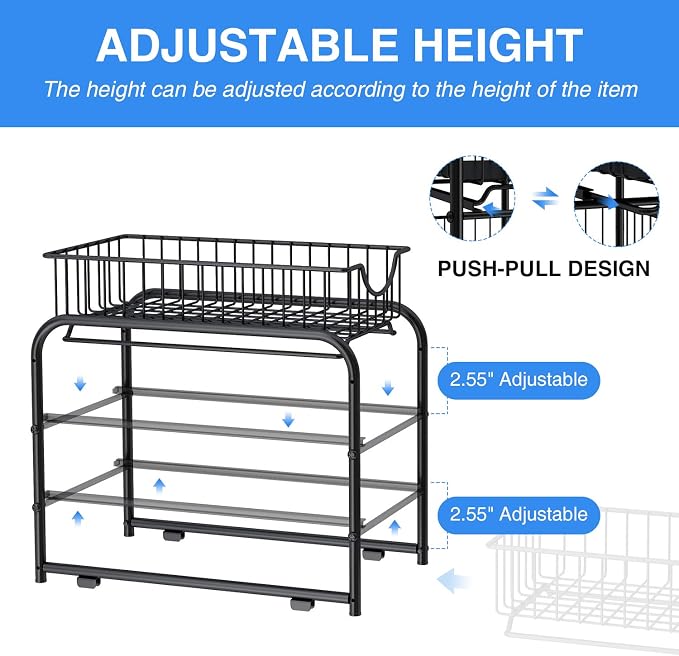 2-Tier Pull Out Organizer Under Sink Sliding Cabinet Rack,Black | Stackable Sliding Storage Drawer organizer with adjustable height and anti slip pad. Kitchen,Office or Cabinet Storage - Image 5
