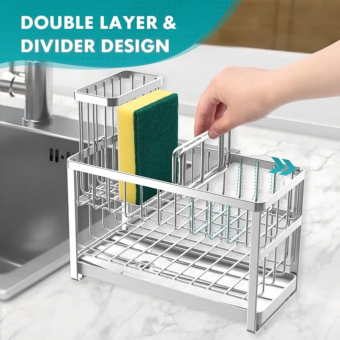Sinnsally Kitchen Sponge Holder,Sink Caddy Organizer with High Brush Holder,Stainless Steel Sink Box Dish Scrubber Holder,Soap Tray for Kitchen Counter Accessories & Storage Rack (2 Tier - Silver) - Image 4