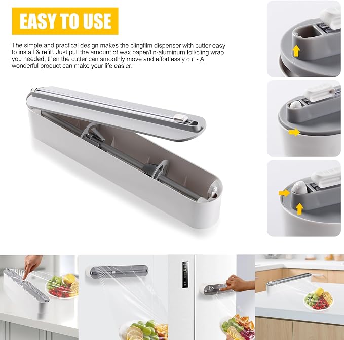 Aluminum Foil & Plastic Wrap Dispenser with Slide Cutter - Magnetic & No-Drill Wall Mount, Cling Film Dispenser for Worktops & Cabinets, Space-Saving Kitchen Organizer - Fits 12" Rolls, White - Image 5