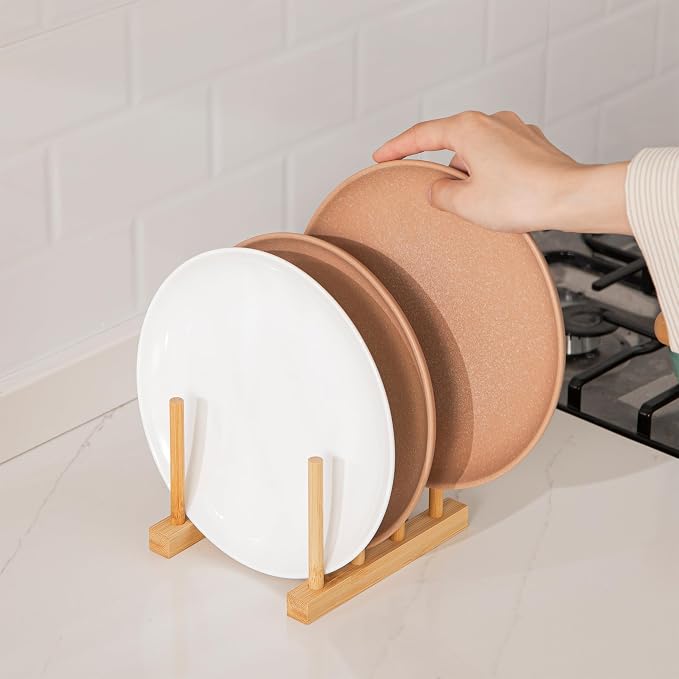 HBlife 2pcs Bamboo Dish Plate Bowl Cup Book Pot Lid Cutting Board Drying Rack Stand Drainer Storage Holder Organizer Kitchen Cabinet（Keep Dry） - Image 4