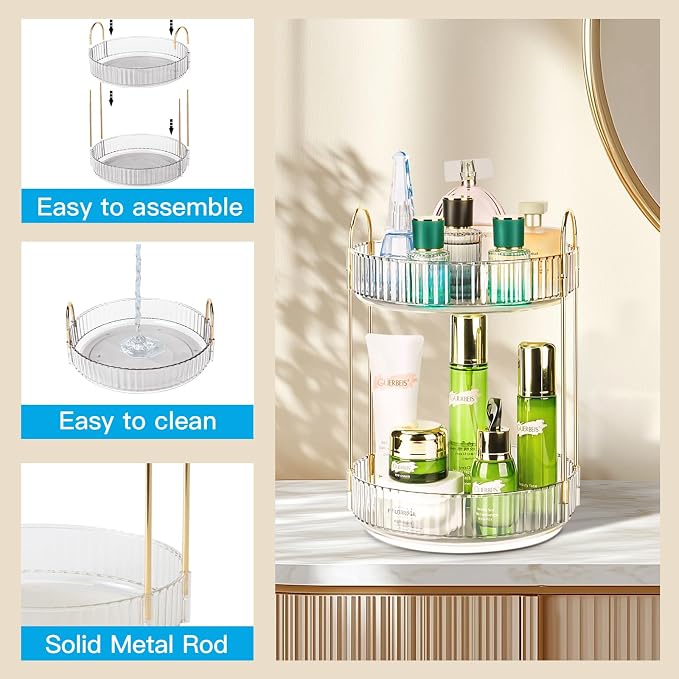 360 Rotating Makeup Organizer - Large Capacity Spinning Perfume & Cosmetic Skincare Holder for Countertop (Pearl White, 2 Tier) - Image 4