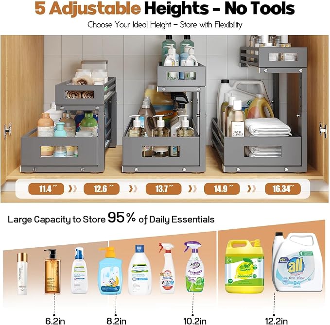 2-Pack Under Sink Organizers and Storage,2-Tier L Shape Pull Out Cabinet Organizer With Round Tube Slide Rails,Hight Adjustable Slide Out Drawers for Kitchen&Bathroom,Multi-Purpose Storage Shelf-Gray - Image 5