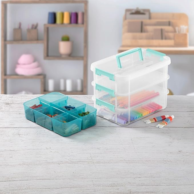 Sterilite 6 Pack Plastic Storage Box Container, 3 Layer, Stack and Carry, Clear/Blue - Image 6