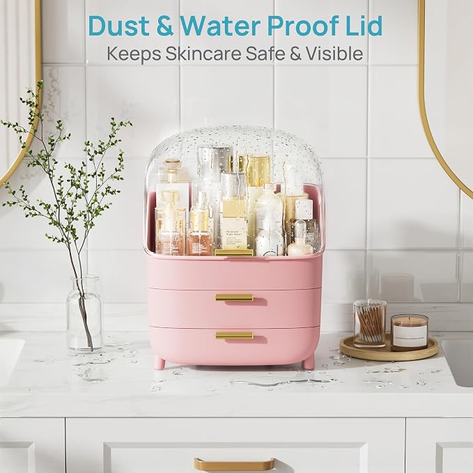 Vtopmart 3-Tier Skincare Makeup Organizer with Lids, Pink | With Drawers and Lid, For Vanity and Bathroom Countertop, Large Cosmetic Storage Box Case for Dresser, With Non-Slip Base - Image 4