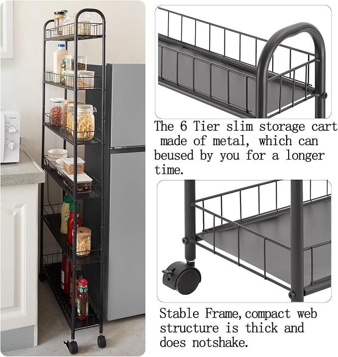 6 Tier Slim Rolling Storage Cart, Mobile Shelving Unit with Wheels, Metal Wire Storage Rack with Baskets for Kitchen Bathroom Office Laundry Narrow Piaces (6in Slim Rolling Cart) - Image 4