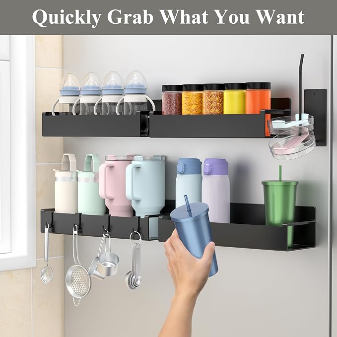 Magnetic Water Bottle Holder for Fridge Black, 4 Pack | Tumbler Organizer with Hooks, Cup Holder Organizer Storage, Refrigerator Shelf for Stanley, Owala - Image 4