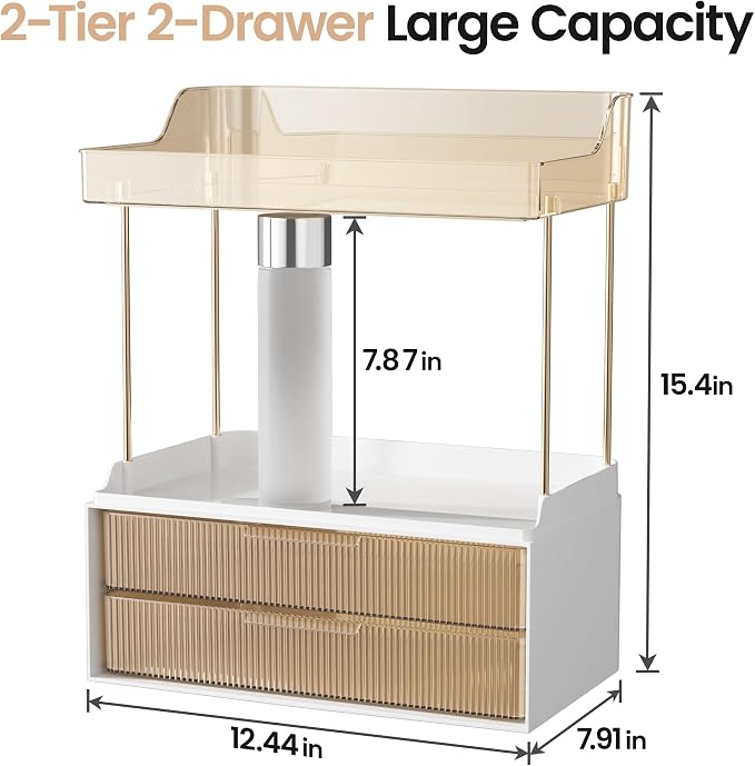Delamu 4-Tier Makeup Organizer, Bathroom Counter Storage, 2 Drawers, Amber | Elegant Vanity Organizer Gift for Women, Holds Perfume, Skincare, Nail Polish & Hair Accessories for Bathroom Countertop - Image 2