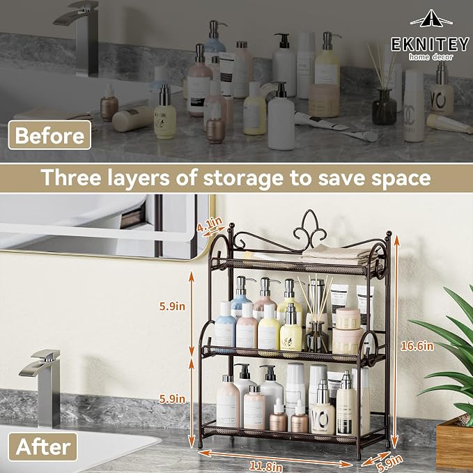 EKNITEY Bathroom Organizer Shelf Countertop - 3 Tier Spice Rack No Assembly | Kitchen Counter Organizer, for Skincare Makeup Vanity, Sturdy Metal Frame, Easy to Clean, Space-saving, Foldable, Brown - Image 6