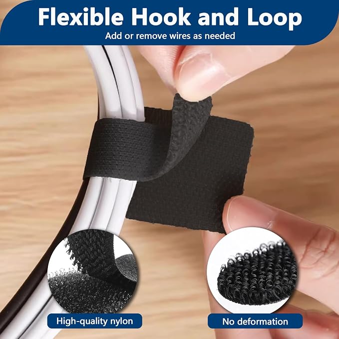 Abnii 50 PCS Hook and Loop Cable Ties, Under Desk Cable Management, Black | Self Adhesive Cable Tidy Clips Straps, Sticky-Back Cord Organizer, Wire Organizer for TV PC Laptop Ethernet Desktop - Image 6