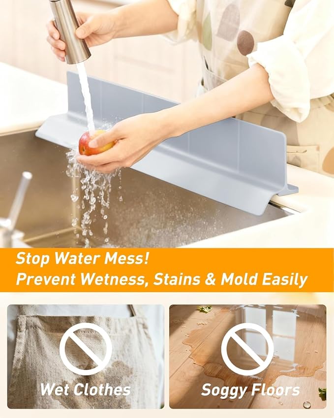 Sink Splash Guard 18" 23" 30" Silicone Water Guard with Strong Suction Cups, Faucet & Countertop Protector, Bathroom & Sink Edge Splash Guard Strip, Dishwasher Safe-Grey 18" - Image 2