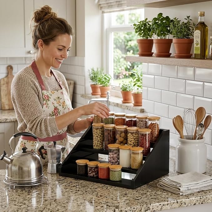 Solid Wood Spice Rack Organizer for Countertop & Cabinet, 4 Tier Adjustable Wooden Spice Shelf with Sliding Track, Premium Step Seasoning Bottle Holder for Kitchen, Cupboard, Pantry & Office, Black - Image 3