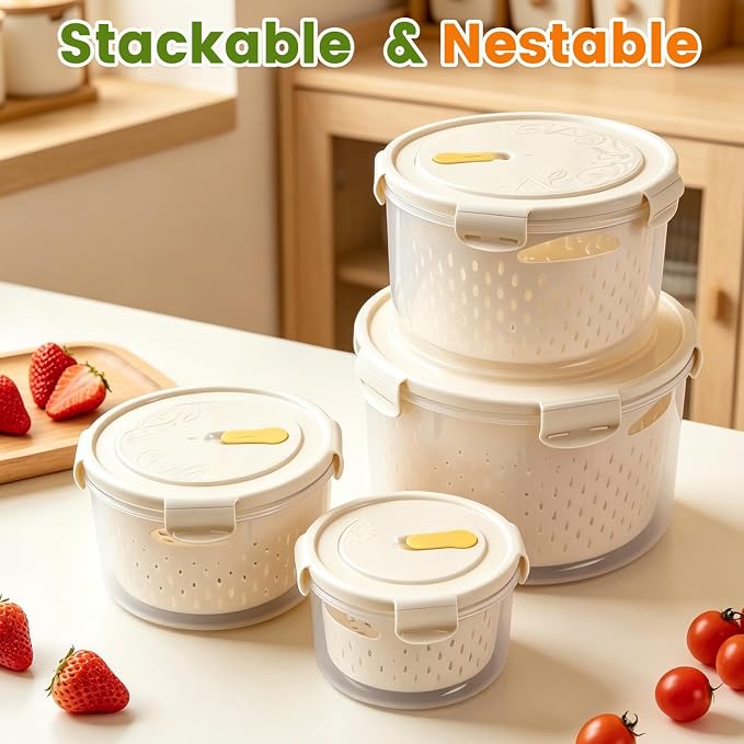 TBMax 8 Pieces Airtight Fruit Storage Containers for Fridge with Air Circulation Vent, 4 Pack Round Produce Saver with Colander for Berry Lettuce Salad Vegetable Storage, Refrigerator Organizers - Image 7