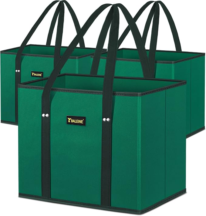 BALEINE 3PK Reusable Grocery Bags, Heavy Duty Shopping Tote Bag | 12'' Long Handles, Reinforced Bottom Keeps Upright, Fold Flat Storage, Water-Resistant Shopping Bag, Multiple Color Options by BALEINE