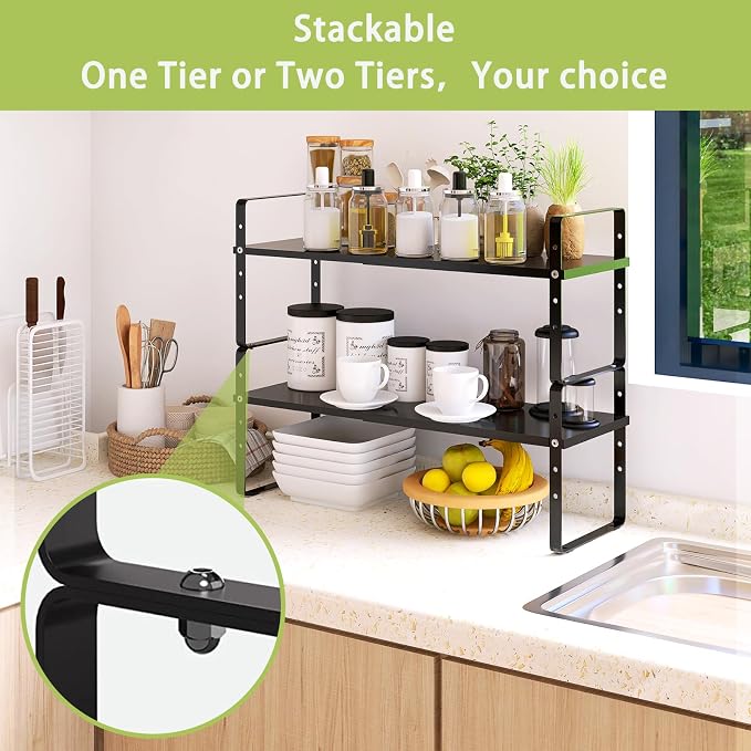 Across-Star Expandable Cabinet Shelf Organizer Rack, Stackable Kitchen Counter Storage Shelves Stand, Adjustable Height Pantry Shelf Spice Rack - Image 3