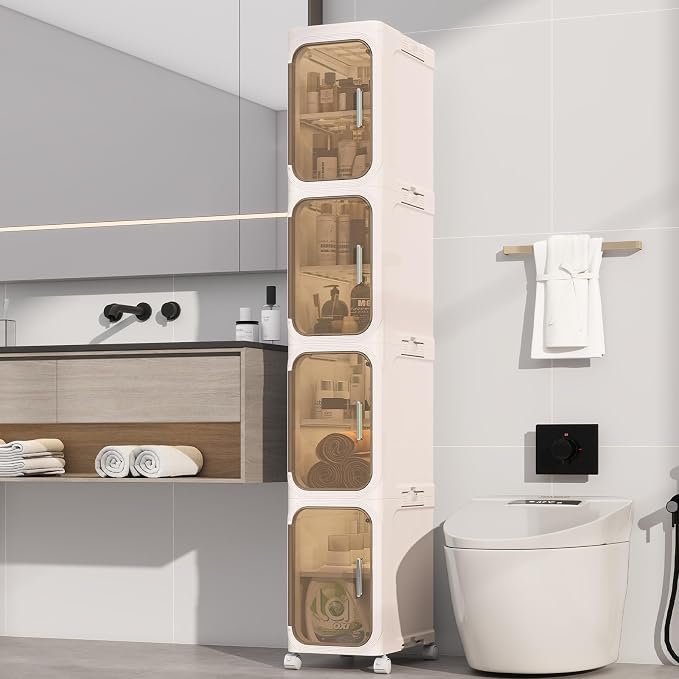 4 Tier Slim Bathroom Storage Cabinet, Foldable and Movable, Beige | Tools Free, ABS and PET, Magnetic Clear Door, Adjustable Shelves, Lockable Wheels, Water Resistant, For Narrow Space by Neathub