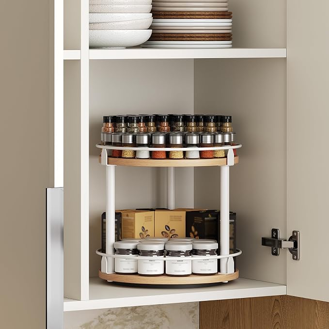 Lazy Susan Organizer, Rotating Spice Rack, 2 Tier Spice Turntable Organizer, Industrial Turntable Spice Holder, for Kitchen Countertop, Compact and Versatile, White and Natural SR22WN - Image 3