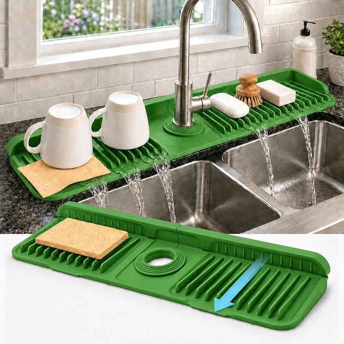 23" Extra Long Silicone Faucet Handle Drip Catcher Tray,7° Sloped Self Draining Mat with Snap-on Design & Soap Holder, Trim-to-Fit Opening,Sink Splash Guard for Kitchen & Bathroom(Green) by Unknown