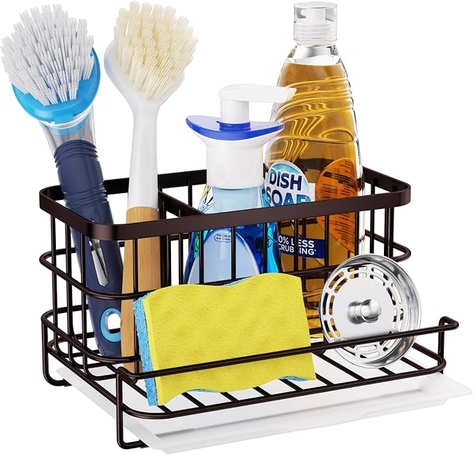 HapiRm Multifunctional Kitchen Sink Caddy with Removable Drain Tray, Quick Draining Rustproof Sink Organizer, Stainless Steel Kitchen Sponge Holder for Sponge, Cleaning Towel and Scrubber-Bronze by HapiRm
