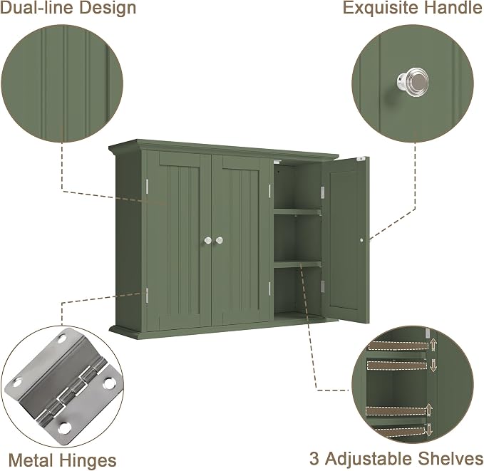 ChooChoo Laundry Cabinet with 3 Doors and Adjustable Shelves | 9.06"D x 31.1"W x 24"H, Bathroom Wall Cabinet, Cupboard, Green - Image 6