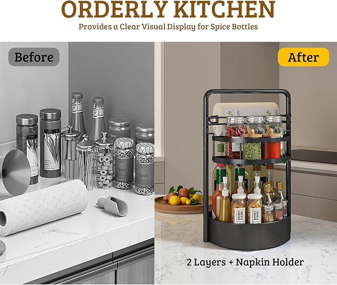 Rotating Spice Rack with Paper Towel Holder, Black | 2 Tier Turntable Lazy Susan, Durable Iron, Seasoning Organizer, For Kitchen Countertop - Image 6