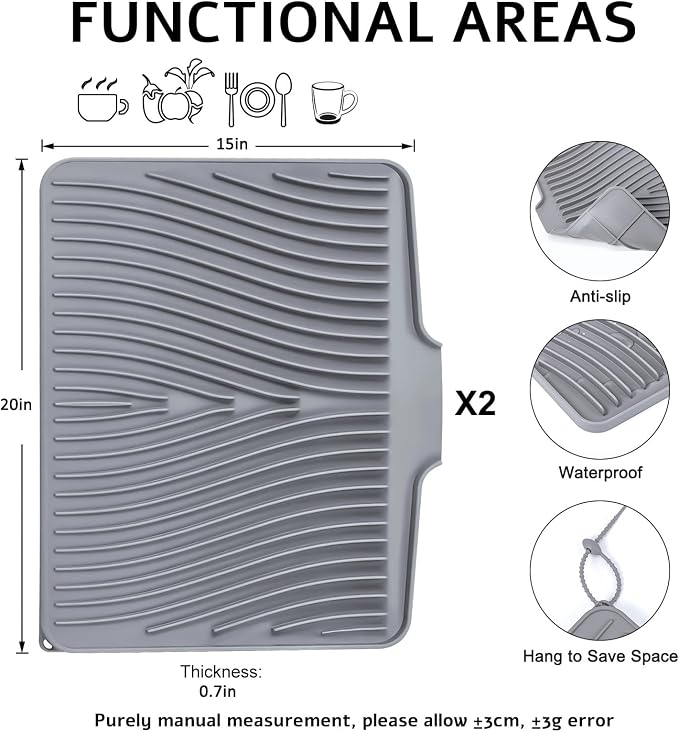 TIKNIK Silicone Dish Drying Mat for Kitchen Counter, Grey-2pcs, 20" x 15" | Heat Resistant & Non-Slip Dish Drain Pad with Built-In Drain, Dishwasher Safe, Quick-Dry, Hangable & Roll-Up for Storage - Image 2