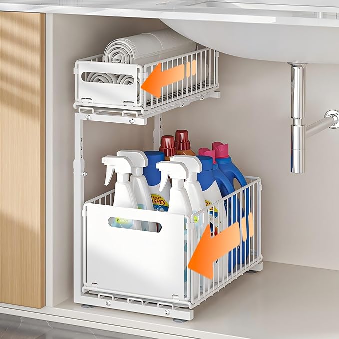 Under Sink Organizer, 2-Tier Multi-Use Kitchen and Bathroom Organizers and Storage, Slide Out Thickened Metal Under The Sink Organizer for Kitchen Bathroom Pantry (Style B White, 1 Pack) by Unknown