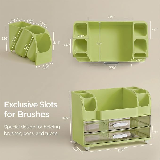 HBlife Makeup Organizer for Vanity with Brush Holder, Large Bathroom Countertop Cosmetic Organizer Skincare Storage, Easy to Store Lipsticks, Nail Polishes, Perfumes, Eyeshadow Palettes, Avocado Green - Image 3