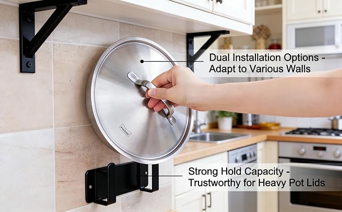 2 Pack Black Stainless Steel Wall Mounted Cutting Board Holder, Punch-Free Adhesive Pot Lid Organizer, Multifunctional Kitchen Storage Rack, Rustproof Heavy Duty - Image 7