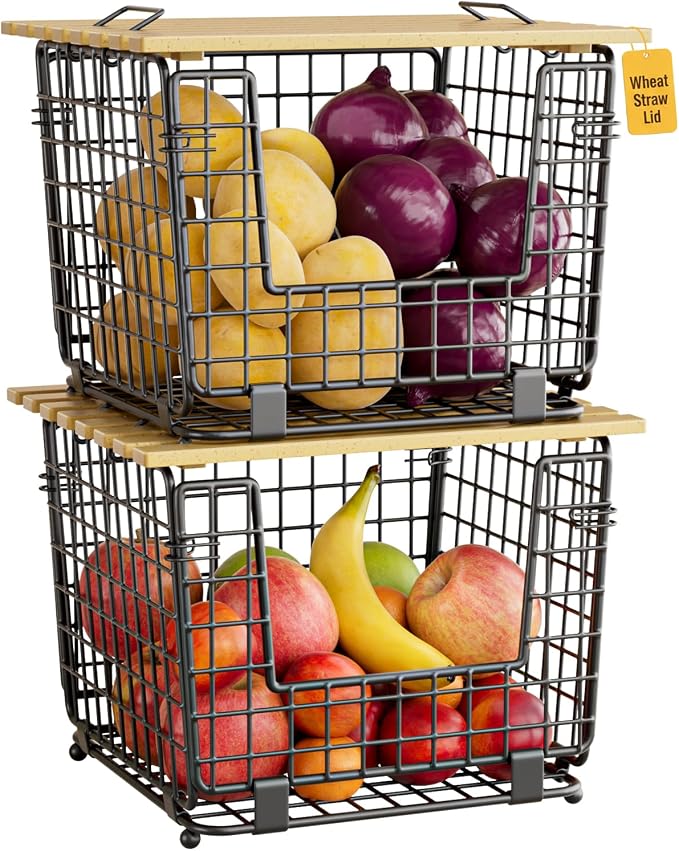 2 Pack Stackable Potato Onion Bins, Pantry Organizers and Storage | Wire Basket with Breathable Design for Garlic Fruits Vegetables Storage, Kitchen Counter Organizer by GGIU