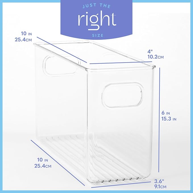 Plastic Food Storage 6 Pack Clear Container Bin with Handles for Organizing Kitchen, Pantry, Refrigerator, Freezer, Pantry, Cabinet, Closet, Bathroom. 10”x4”x6” - Image 3
