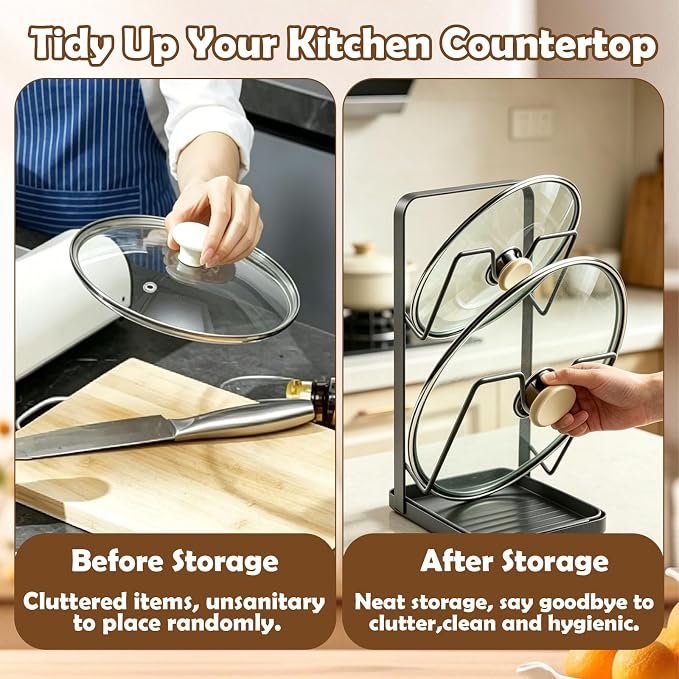 BEEFLYING Pot Lid Holder Organizer for Countertop with Tray, Gray | Holds 2 Pot Lids, 7.17*5.39*8.86In, Carbon Steel for Cooking Stove Top Kitchen Counter Cabinet Blanched - Image 5
