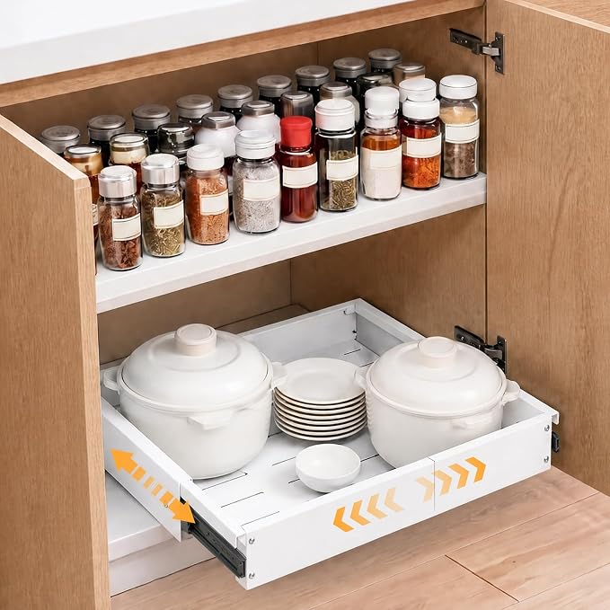 Expandable Pull out Cabinet Organizer, Width (12"-19") Depth (17"-23") Pull Out Drawers for Cabinets, Upgrade 3 Slide Rails Slide Out Drawers, No Drill Adjustable Roll Out Shelves, 1 Pack, White by Unknown