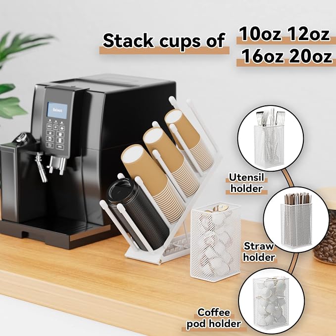Coffee Cup and Lid Holder - Adjustable 8oz-20oz Disposable Cup Dispenser | 4 Compartment Plastic Paper Cup Organizer Straw Storage Basket for Coffee Bar Station Countertop Office Breakroom Metal White - Image 3