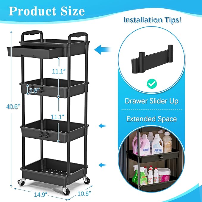 SUNALLY 4 Tier Rolling Cart with Drawer, Craft Storage Cart Organizer,Black | Bathroom Storage Organizer with 2 Lockable Wheels, Rolling Utility Cart for Kitchen, Office, Baby, Makeup, Nail,Snack,Laundry - Image 2