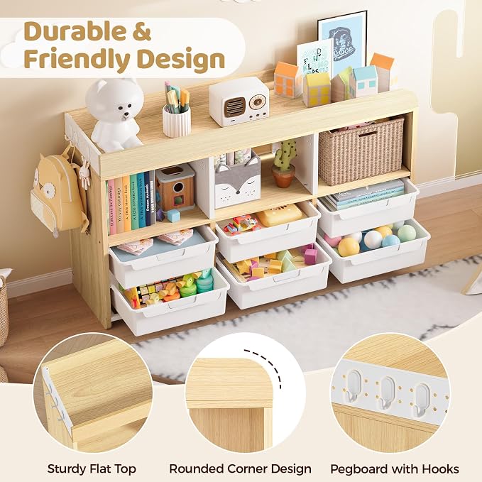 Classroom Storage Organizer with 6 Bins, 3 Shelves and Pegboard, White | 6 pull-out bins, 3 open cubbies, child-height access, easy-clean storage for Kid room,playrooms, classrooms and craft rooms - Image 4
