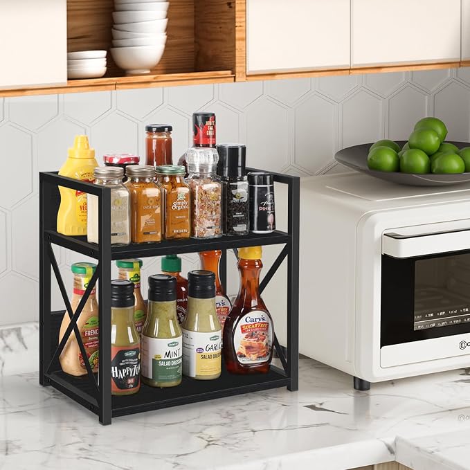 YINMIT Kitchen Countertop Organizer,Spice Rack,Coffee Bar Shelf Organizer | 2-Tier Coffee Station,Seasoning Storage,Syrup,Mug Cup,Bottle Holder,Bathroom Vanity,Pantry,Bedroom and Office,Black,Medium - Image 4
