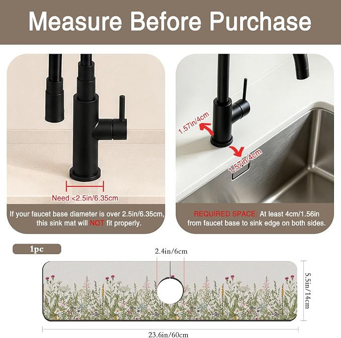 Faucet Mat for Kitchen Sink Watercolor Floral Herbs Sink Splash Guard Behind Faucet Soft Diatom Mud Material Non-slip Easy to Clean for Bathroom & Kitchen 24"X5.5" - Image 2