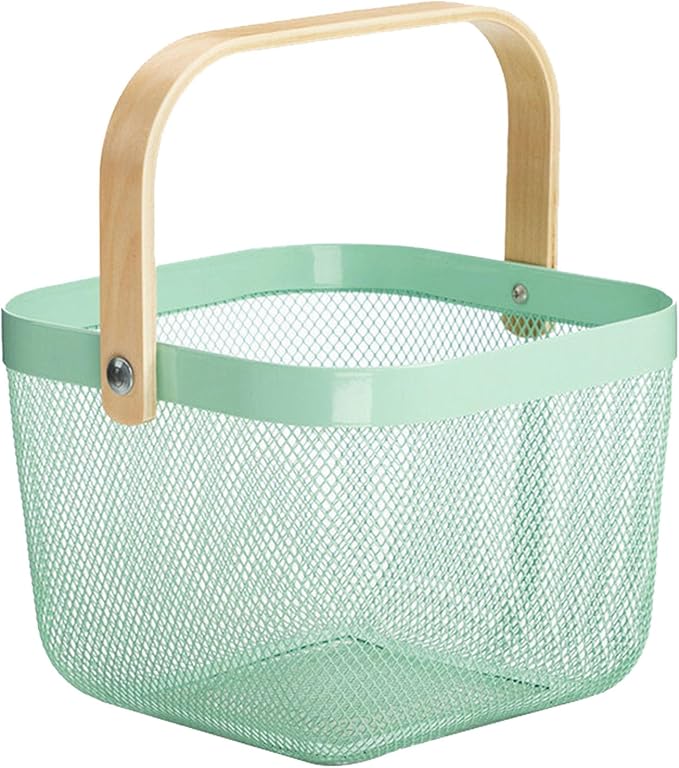 AJIODA Metal Mesh Steel Basket, Storage Organizer Basket Multi-functional Hanging Kitchen Baskets Fruit Basket with Wooden Handle for Kitchen Bathroom Picnic Shopping Decor Cabinet Home, Macaron Blue by AJIODA
