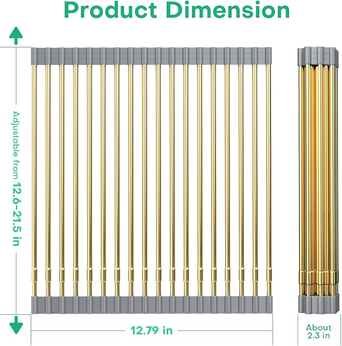Large Expandable Roll Up Dish Drying Rack, Heat-Resistant Dish Drainer for Stainless Steel Sinks, Over The Sink Non-Slip Silicone Rollable Dish Drainer Roll Rack 18 Tube Gray Silicone & Gold Tube - Image 3