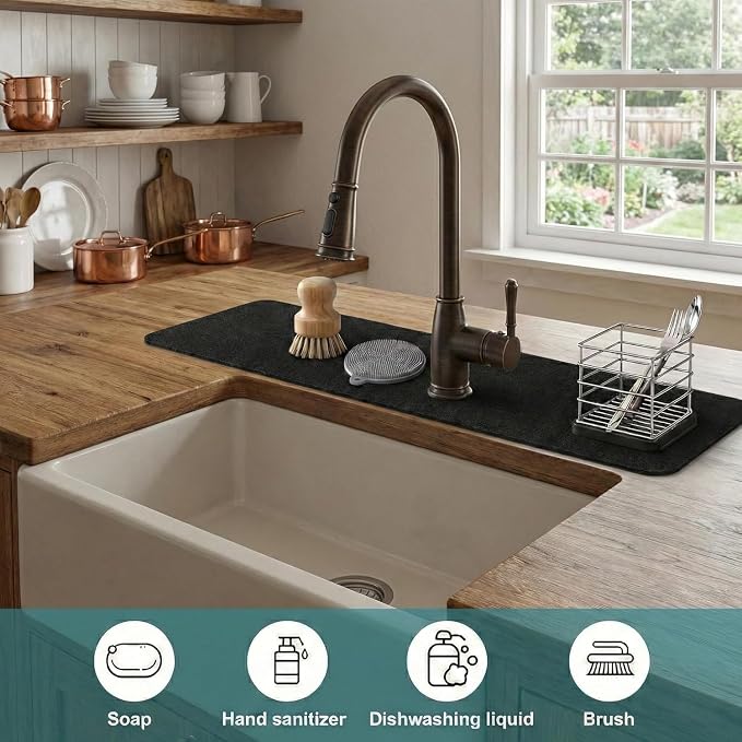 Customizable Kitchen Sink Faucet Mat: 24" Lx4 W Absorbent Splash Guard | 2PCS Non-slip Fabric Rubber Mat, Cut to Fit Oval Rectangle Square Faucet & 2,3,4 Holes Irregular Sink with Soap Dispenser - Image 8