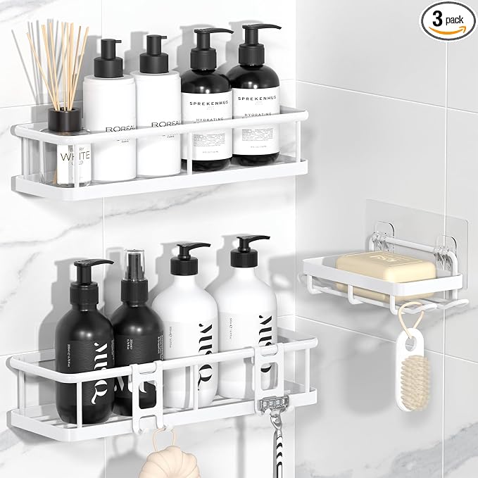 Shower Caddy Adhesive, Rustproof Shower Organizer with Soap Holder, Large Capacity Shower Shelves for Inside Shower, No Drilling Bathroom Organizers and Storage for Home Decor（3 Pack White） by YASONIC