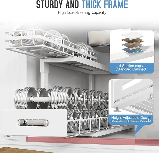 Under Sink Organizer Upgrade To Professional Rails,2-Tier Dual Pull Out Cabinet Storage,Height Adjustable Slide Out Drawers For Bathroom Kitchen,2 Pack-21"Dx12.8"-16.9"H,White - Image 4