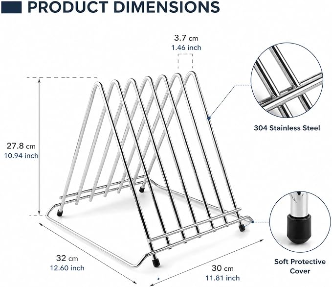 Stainless Steel Cutting Board Holder, 6-Slot Countertop Stand | 304 stainless steel, 6-slot organizer, heavy-duty, fits boards up to 1.4in (3.7cm) thick, not for pot lids - Image 5