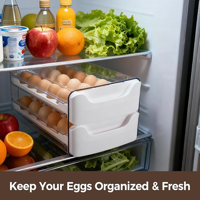Egg-Holder for Fridge, Fits Small to Large Eggs, White | 36 Egg-Storage for Refrigerator Countertop, 2 Tier Dispenser with Drawer, Stackable Clear Egg Tray Container - Image 6